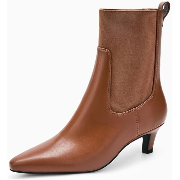 Women's Brown 1 Ankle Low Kitten Heel Pointed Toe Slip On Dressy Winter Boots - Picture 2 of 5